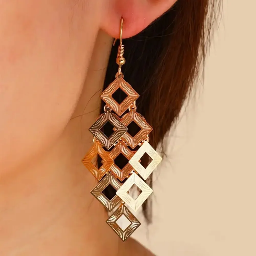 NEW Gold Dangle Earrings – Boho Chic Square Tassel with Hollow Out Design